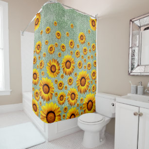 Beautiful yellow flowers on dark lime green shower curtain