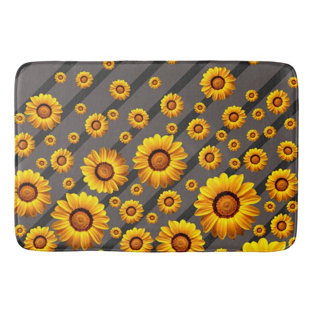 Beautiful yellow flowers on grey, black stripes   bath mat (Front)
