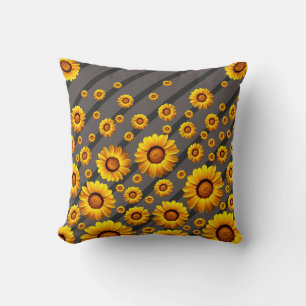 Beautiful yellow flowers on grey, black stripes cushion