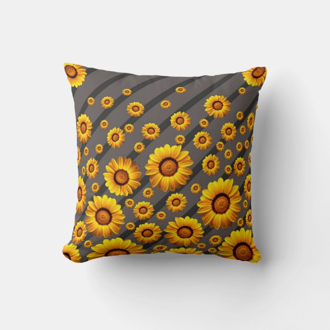 Beautiful yellow flowers on grey, black stripes cushion (Front)