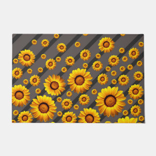 Beautiful yellow flowers on grey, black stripes doormat