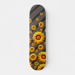 Beautiful yellow flowers on grey, black stripes skateboard