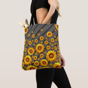 Beautiful yellow flowers on grey, black stripes tote bag