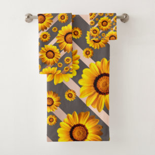 Beautiful yellow flowers on grey, brown stripes bath towel set