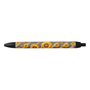 Beautiful yellow flowers on grey, brown stripes black ink pen