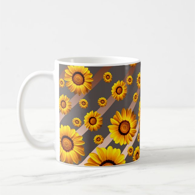 Beautiful yellow flowers on grey, brown stripes   coffee mug (Left)