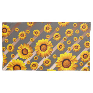 Beautiful yellow flowers on grey, brown stripes  pillowcase