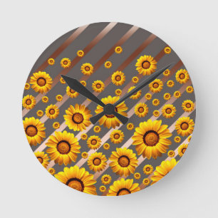 Beautiful yellow flowers on grey, brown stripes   round clock