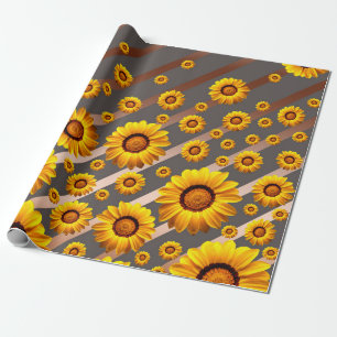 Beautiful yellow flowers on grey, brown stripes wrapping paper