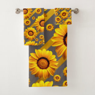 Beautiful yellow flowers on grey, gold stripes bath towel set