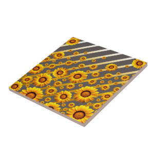 Beautiful yellow flowers on grey, gold stripes   tile