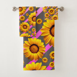 Beautiful yellow flowers on grey, pink stripes   bath towel set