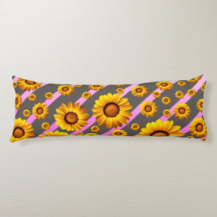 Beautiful yellow flowers on grey, pink stripes body cushion