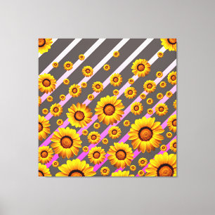 Beautiful yellow flowers on grey, pink stripes  canvas print