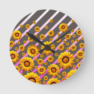 Beautiful yellow flowers on grey, pink stripes round clock