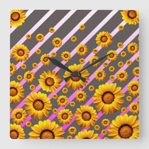 Beautiful yellow flowers on grey, pink stripes  square wall clock