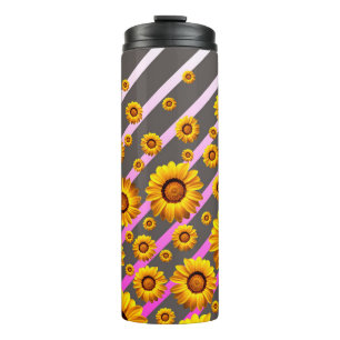 Beautiful yellow flowers on grey, pink stripes thermal tumbler