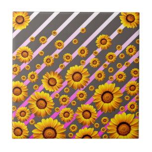 Beautiful yellow flowers on grey, pink stripes tile