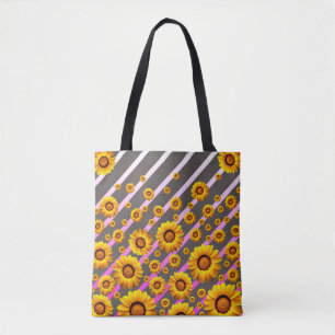 Beautiful yellow flowers on grey, pink stripes tote bag
