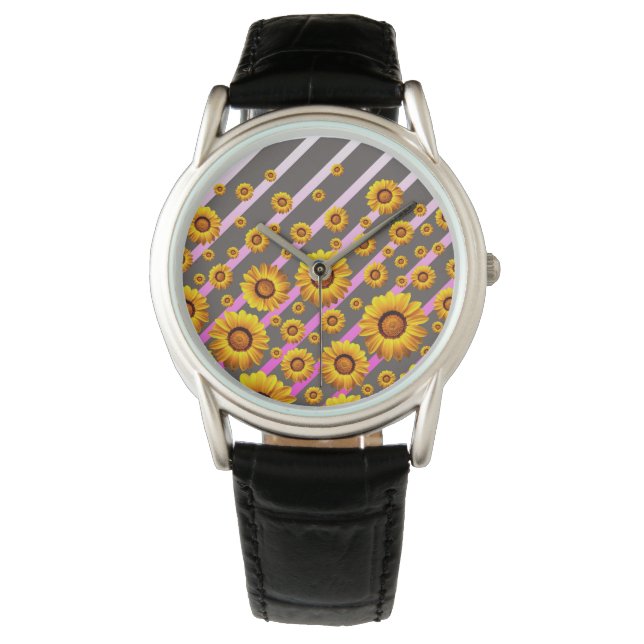Beautiful yellow flowers on grey, pink stripes   watch (Front)