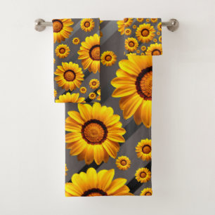 Beautiful yellow flowers on grey, silver stripes  bath towel set