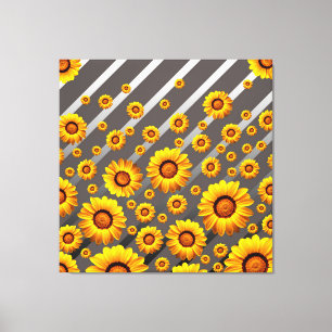 Beautiful yellow flowers on grey, silver stripes canvas print