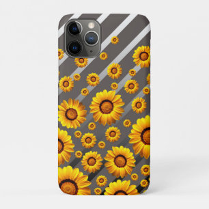 Beautiful yellow flowers on grey, silver stripes   iPhone 11 pro case