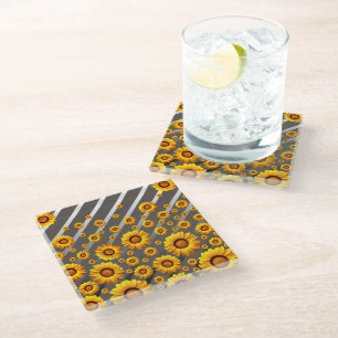 Beautiful yellow flowers on grey, silver stripes glass coaster