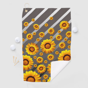 Beautiful yellow flowers on grey, silver stripes golf towel