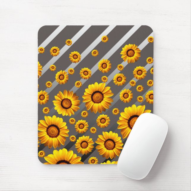 Beautiful yellow flowers on grey, silver stripes   mouse mat (With Mouse)