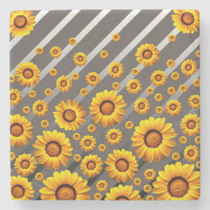 Beautiful yellow flowers on grey, silver stripes stone coaster