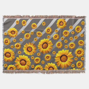 Beautiful yellow flowers on grey, silver stripes throw blanket