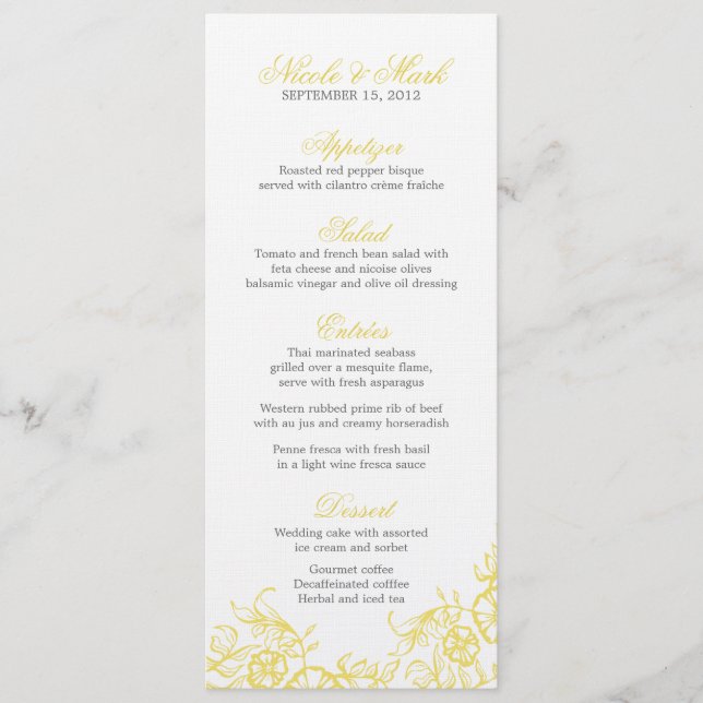 Beautiful Yellow & Grey Floral Custom Wedding Menu (Front)