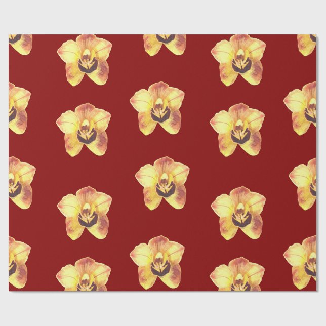 beautiful yellow orchid on a ruby red background wrapping paper (Flat)