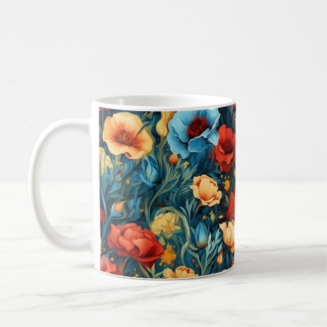 Beautiful Yellow Red Blue Flowers Botanical Print Coffee Mug (Left)