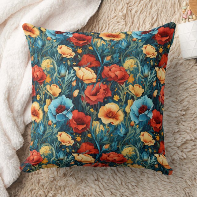 Beautiful Yellow Red Blue Flowers Botanical Print Cushion (Blanket)