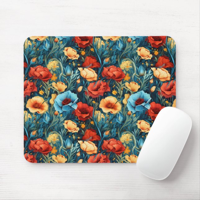 Beautiful Yellow Red Blue Flowers Botanical Print Mouse Mat (With Mouse)