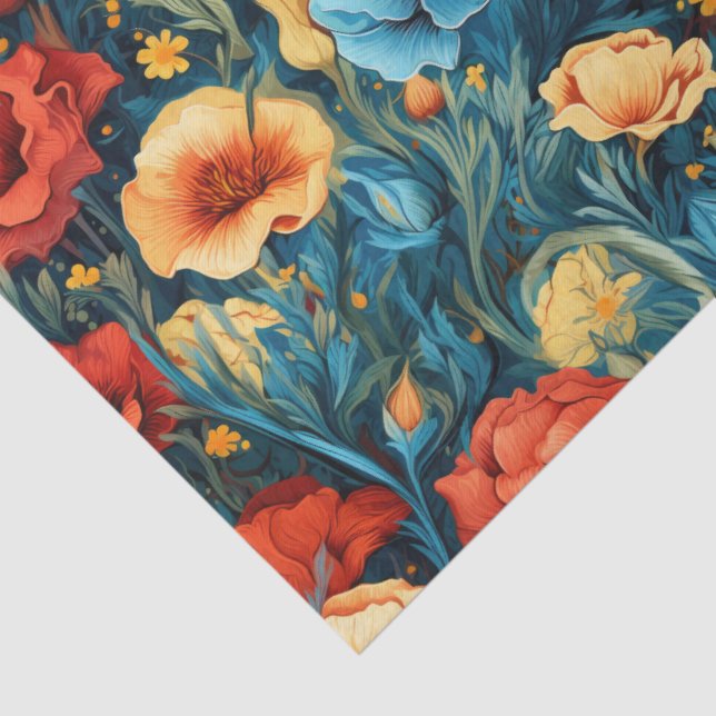 Beautiful Yellow Red Blue Flowers Botanical Print Tissue Paper (Detail)