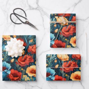 Beautiful Yellow Red Blue Flowers Botanical Print Wrapping Paper Sheet