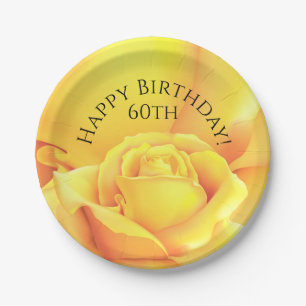 Beautiful Yellow Rose Happy Birthday Paper Plate