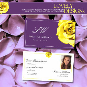 Beautiful Yellow Rose on Purple Initials Photo Business Card