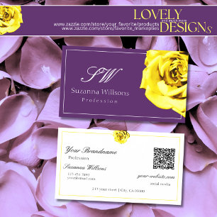 Beautiful Yellow Rose on Purple Initials QR Code Business Card