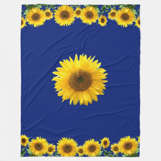 Beautiful Yellow Sunflowers on Blue Fleece Blanket (Front)