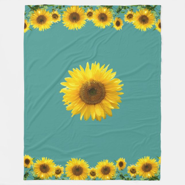 Beautiful Yellow Sunflowers on Teal Fleece Blanket (Front)