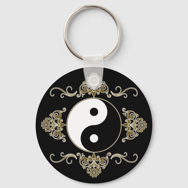 Beautiful Yin Yang Design in Black and Gold Key Ring (Front)