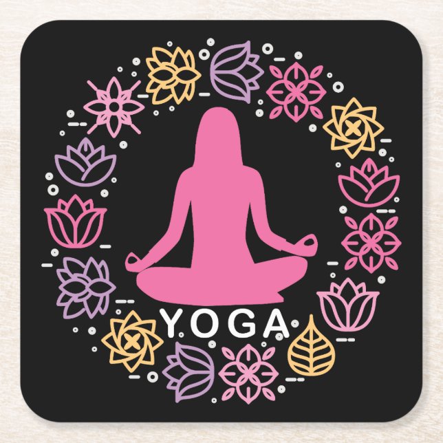 Beautiful Yoga Pose Floral Design Square Paper Coaster (Front)