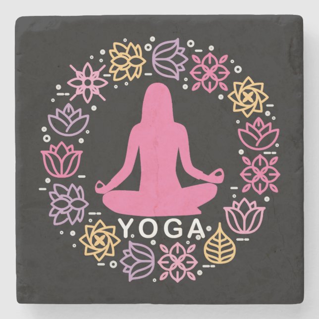 Beautiful Yoga Pose Floral Design Stone Coaster (Front)