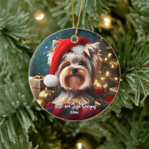 Beautiful Yorkshire Terrier with Santa Hat Ceramic Tree Decoration