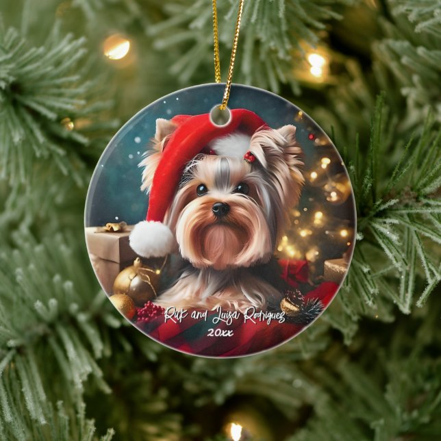 Beautiful Yorkshire Terrier with Santa Hat Ceramic Tree Decoration (Tree)
