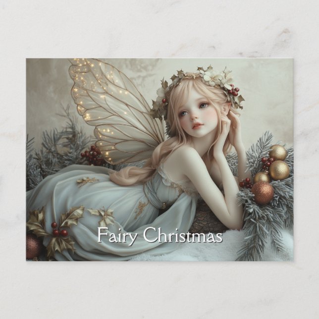 Beautiful Young Christmas Fairy Gold Wings Postcard (Front)